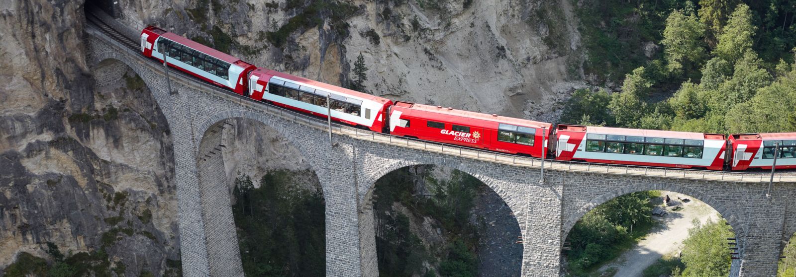 The Glacier Express going over the Landwasser Viaduct