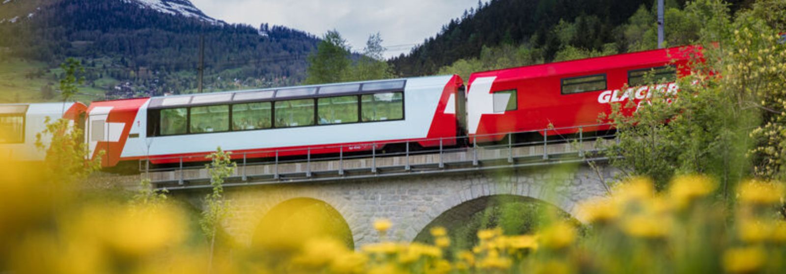 The Glacier Express train through Swiss Alps