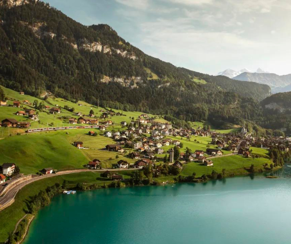Swiss countryside from the window of a Luzern-Interlaken Express train