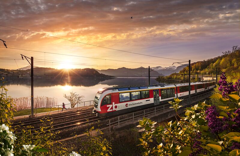 Luzern-Interlaken Express train moving past a lake at sunset