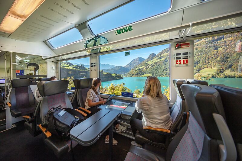 Two woman looking out the window on a Luzern-Interlaken Express holiday