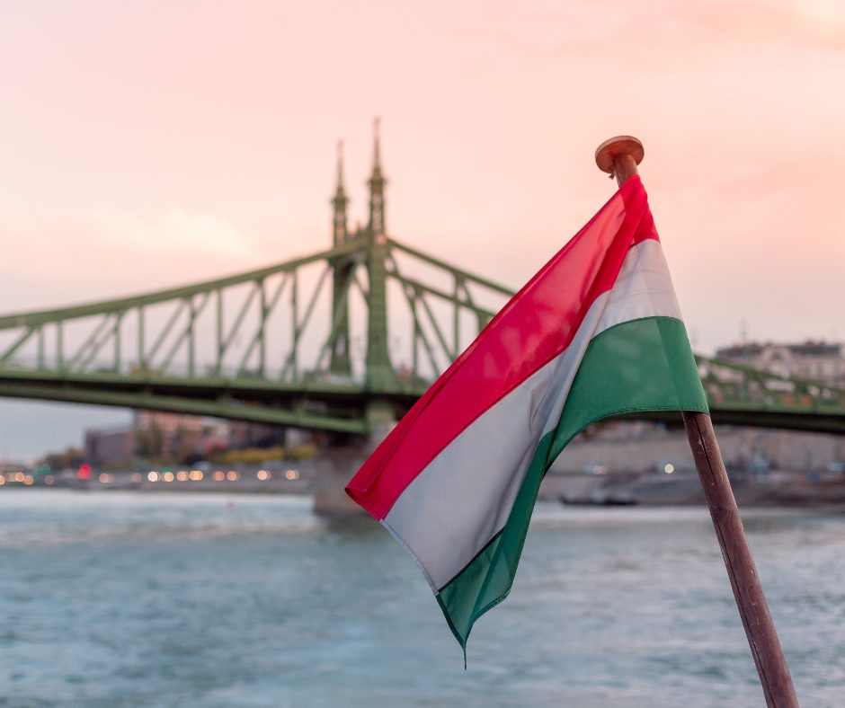 Hungary flag with the Danube River in the background