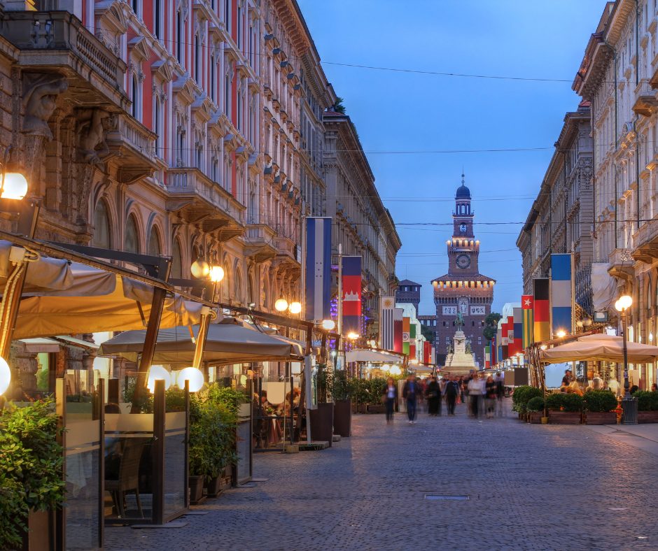 Gently lit streets to wander through on a Milan rail holiday.