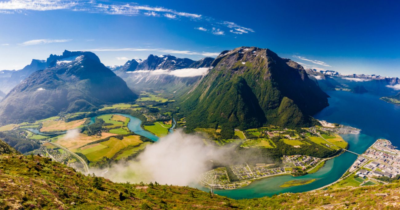 Scenic valley of with mountains and river